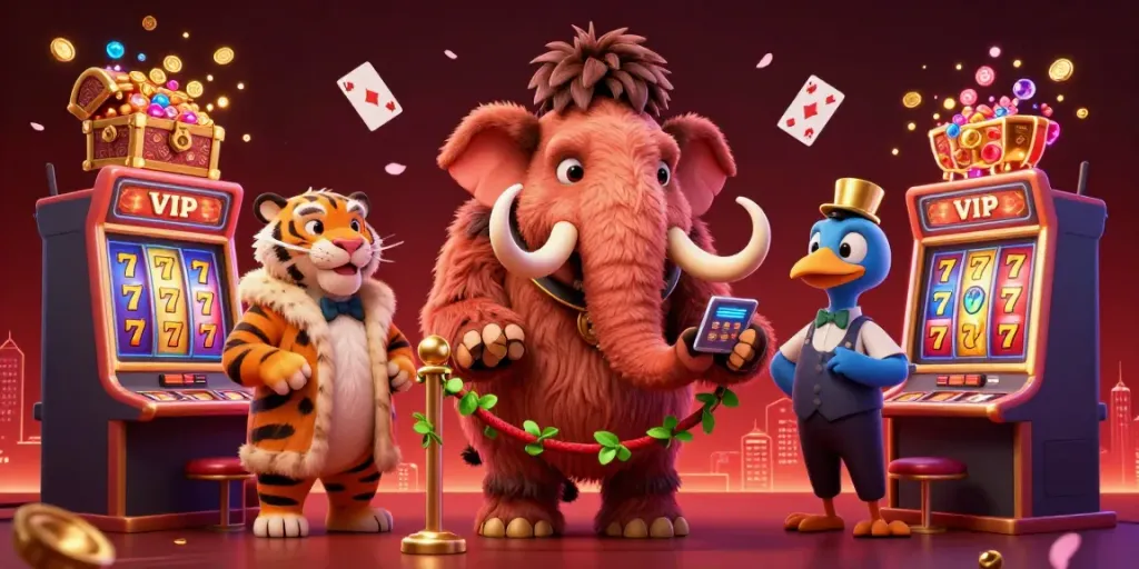 Experience the thrill of slot88 at a vibrant casino scene with a woolly mammoth bouncer, saber-tooth tiger VIP, and celebratory atmosphere.