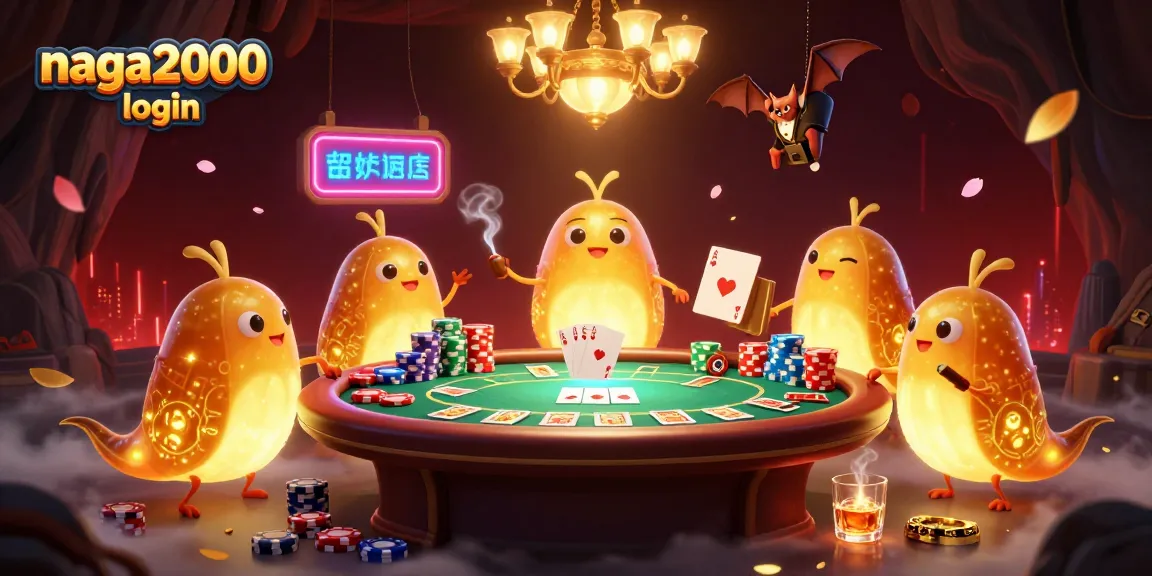 Memainkan permainan di NAGA2000 login dengan karakter lucu di kasino gua yang bercahaya.