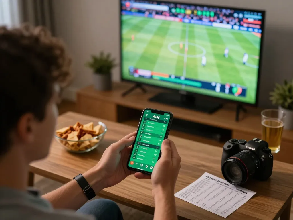 Betting on sports with ax88 app in a lively home setup during live match.