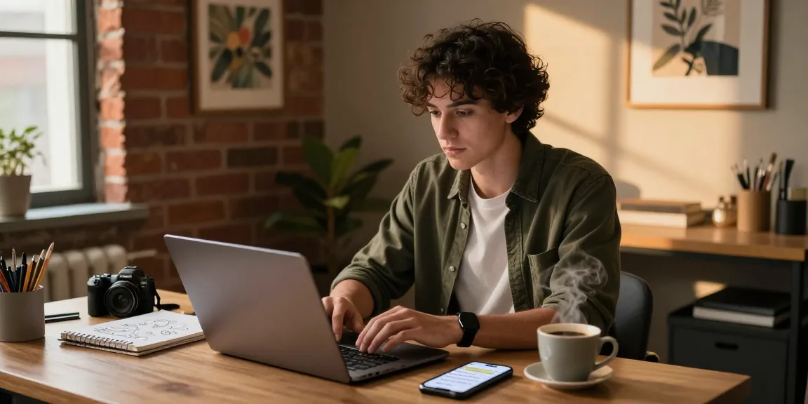Engaging in NSFW AI chat in a cozy home office setting with warm lighting.