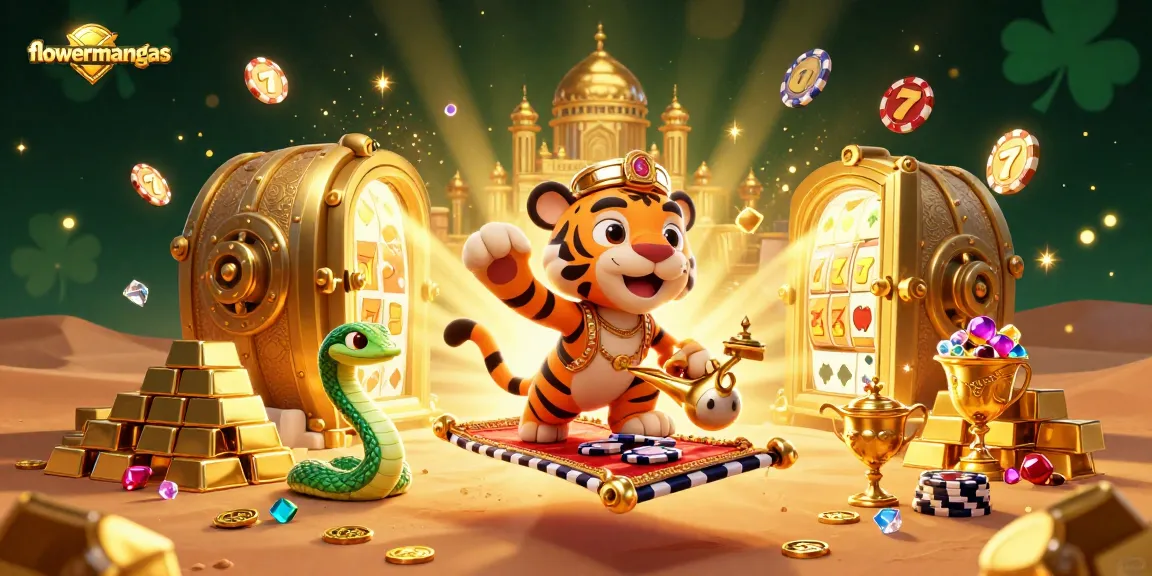 Engage with flowermangas for thrilling slots on a magical 3D Arabian-themed casino scene.