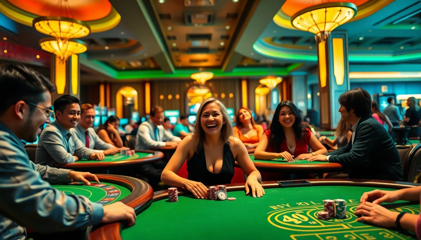 Menampilkan suasana apik KUY4D Casino dengan pemain bersemangat di meja permainan kartu.