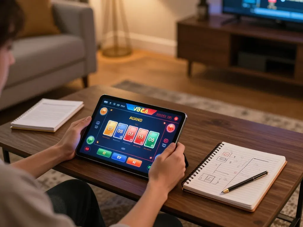 Player enjoying O8 casino game on tablet in a cozy home setting with strategy notes.