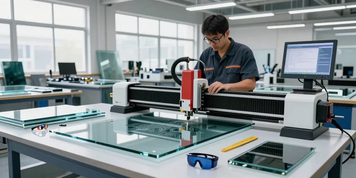 Technician using a glass cutting machine CNC to precision cut large sheets of glass in a modern workshop environment.