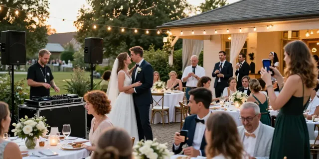 hochzeit DJ berlin brandenburg creating unforgettable wedding atmosphere with sound setup and joyful guests
