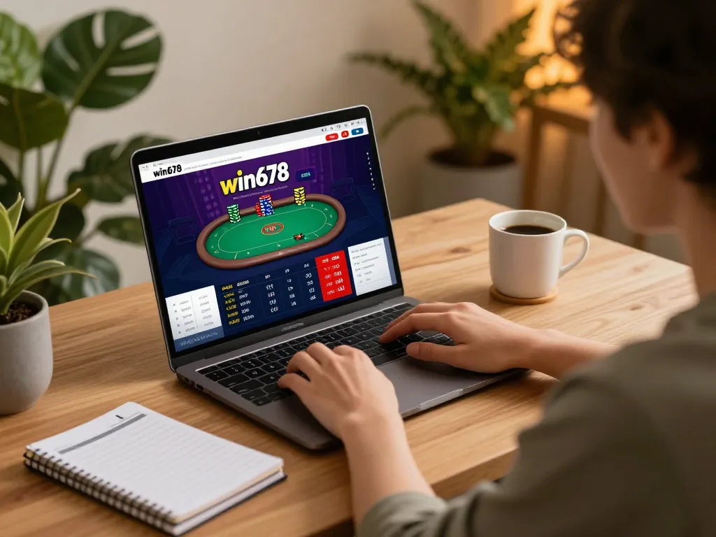 Player navigating win678's online poker interface on a laptop, showcasing a cozy home gaming atmosphere