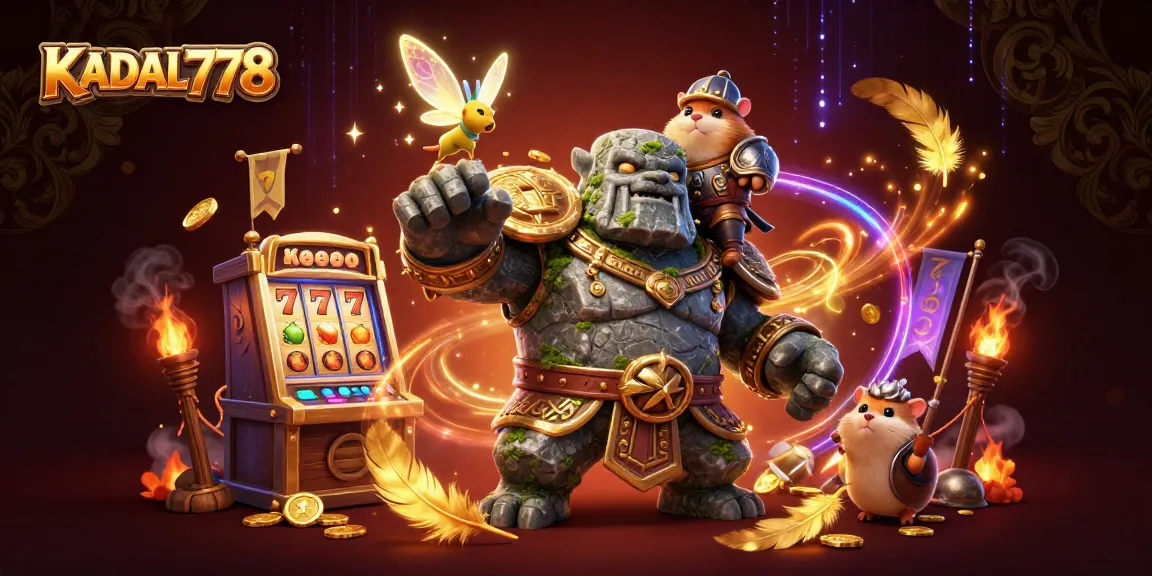KADAL778 offers an engaging online casino experience featuring a golem guardian and a brave hamster knight amidst dazzling slot elements.