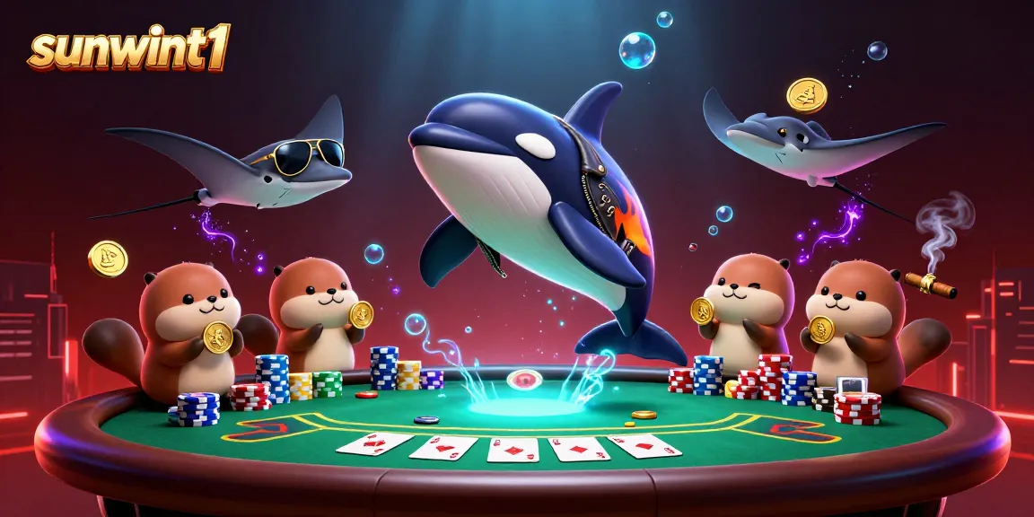 Play exciting games at sunwint1 with a vibrant scene featuring an orca, stingray, and playful otters.