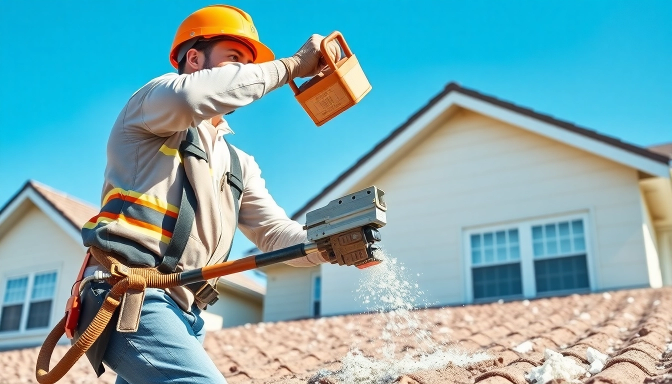 Dynamic scene showcasing a roof insulation removal company worker safely removing materials from a residential roof.