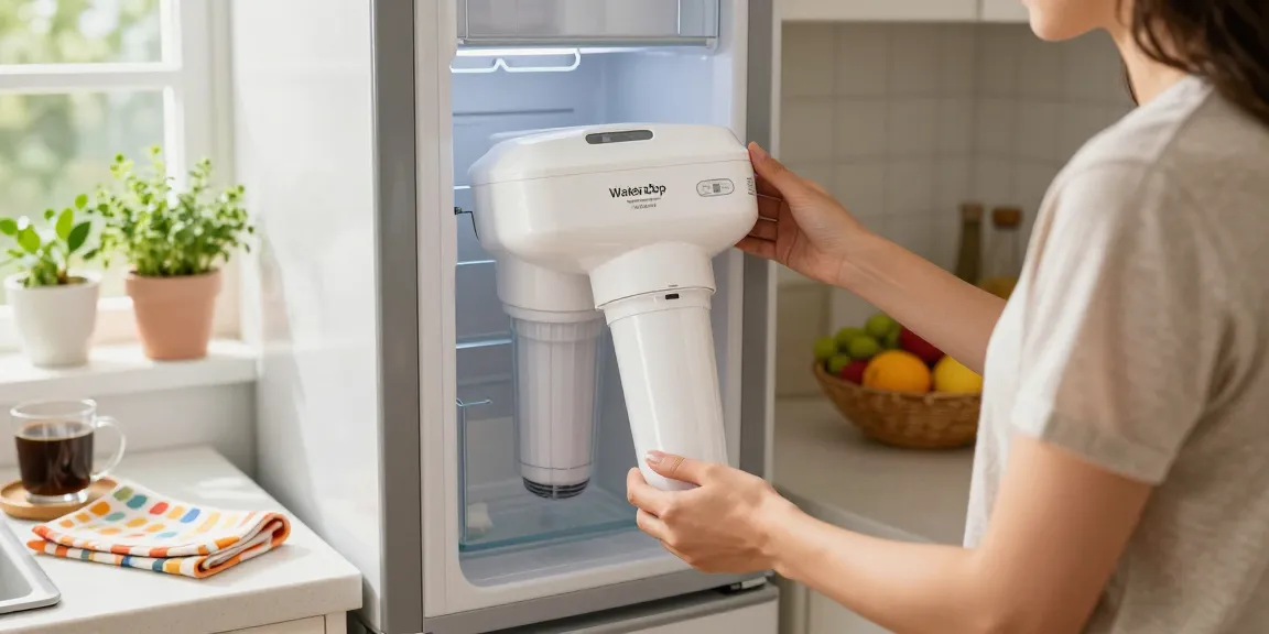 Waterdrop WD-F19C Replacement for GE® RPWFE® installed in home kitchen, sunlight illuminating the process.