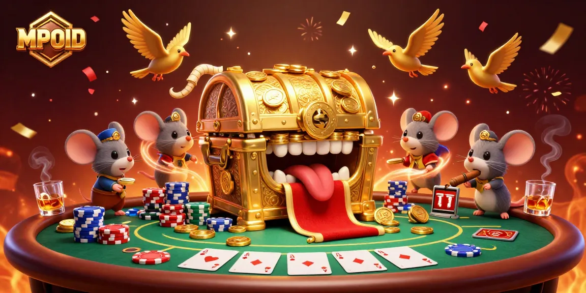 MPOID offers a thrilling gaming experience with adventurer mice and a treasure chest amidst a dynamic poker setting.