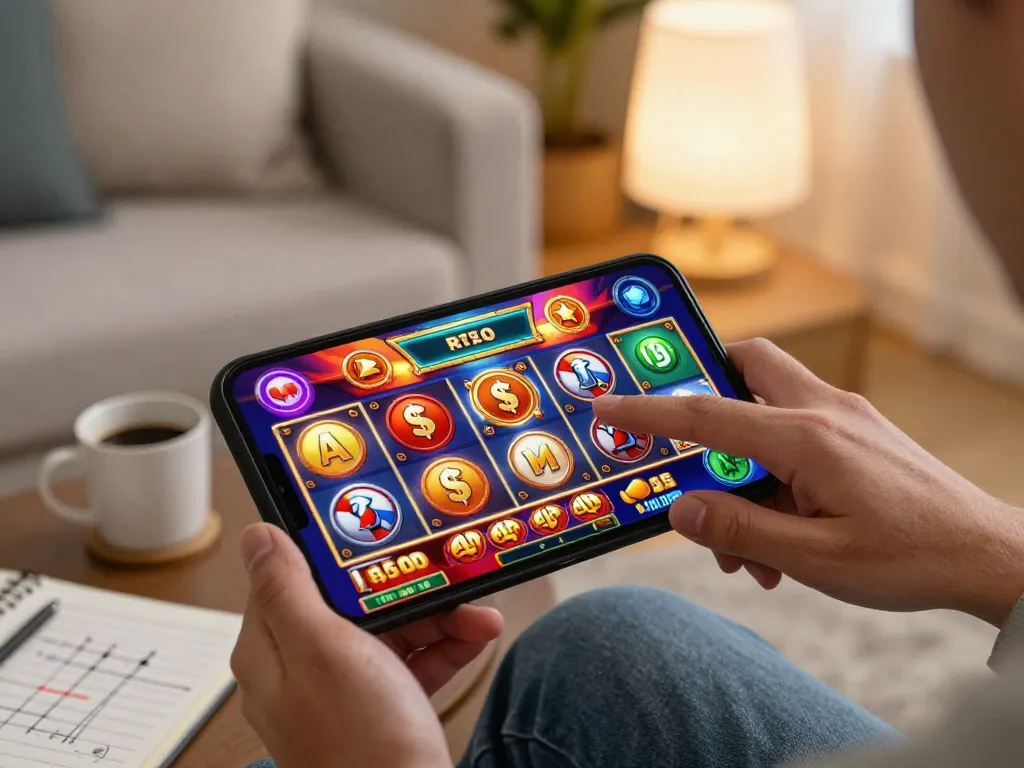 Engaging moment of a player activating slot depo 3k on a smartphone, in a cozy home setup with vibrant visuals.