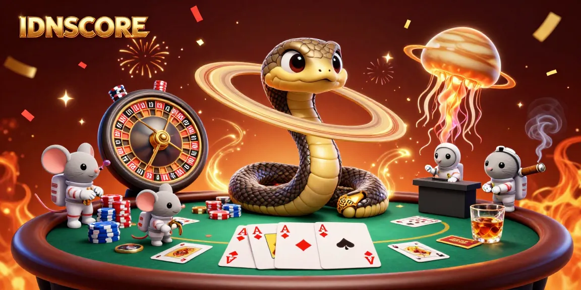 IDNSCORE players engaging with a vibrant cosmic casino experience while betting on a roulette-like Saturn.
