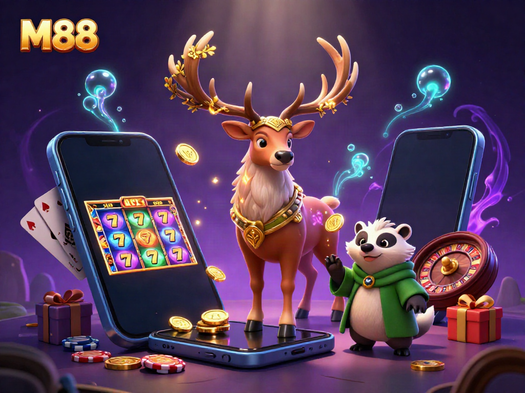 Engage in the M88 slots adventure with a druid stag and wise badger amidst magical casino elements.
