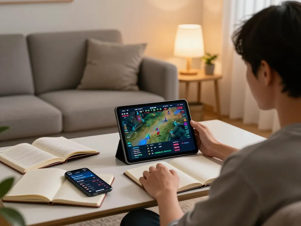 Experience esports betting singapore with a cozy home scene showcasing strategic gaming activities on a tablet.
