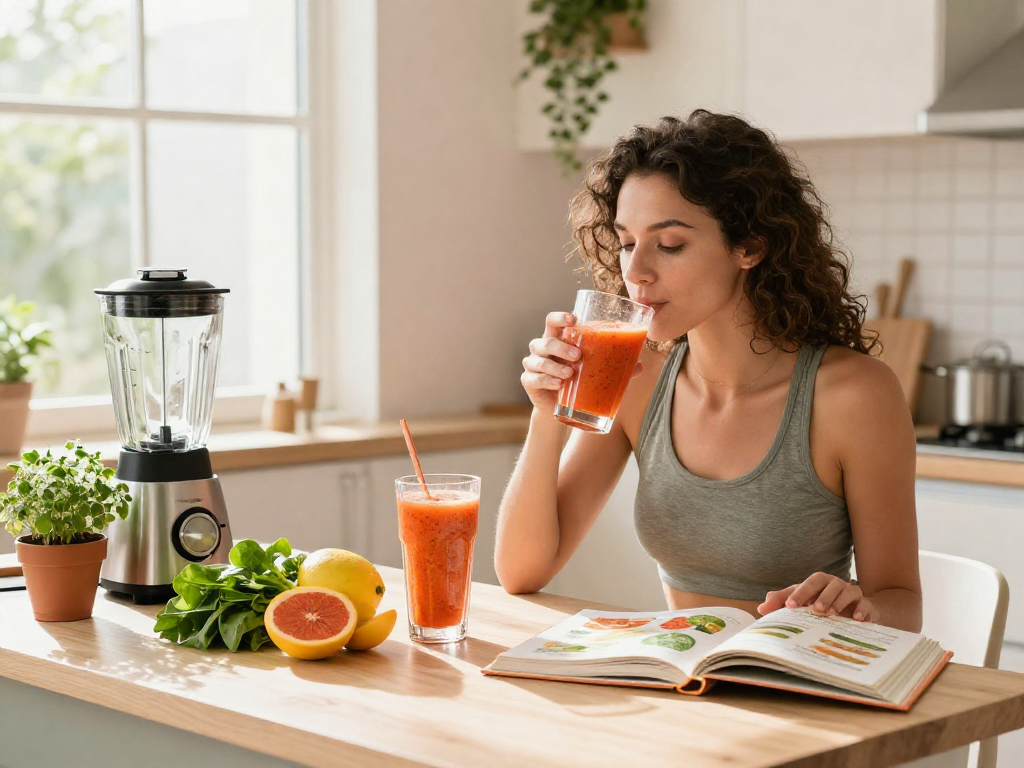 A health-conscious individual enjoying a smoothie with premium astaxanthin in a sunlit kitchen surrounded by fresh ingredients.