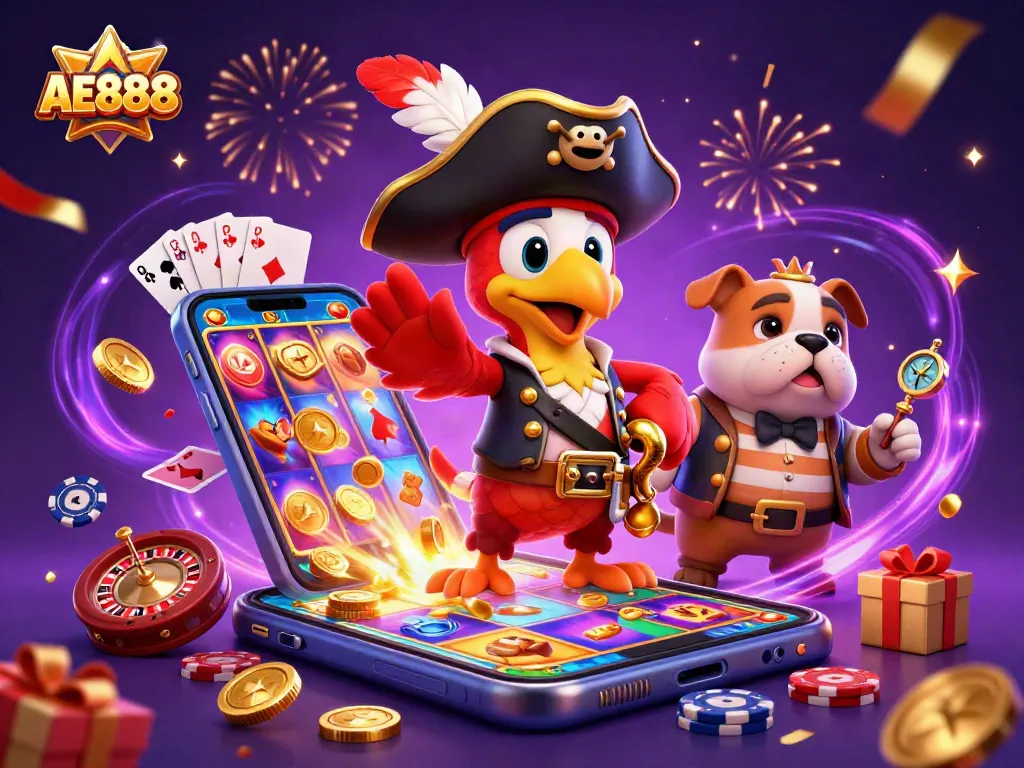 Join the adventure at AE888 with a parrot captain, bulldog, and cat in a vibrant casino scene.