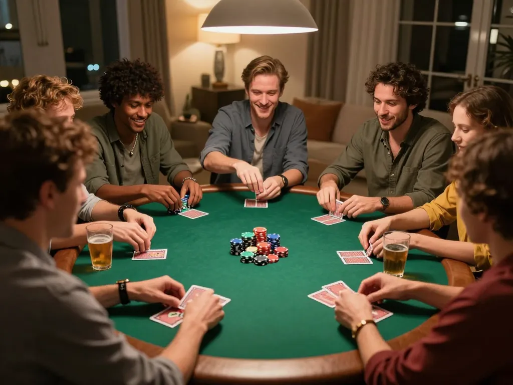 Friends enjoying a lively poker game at home, showcasing strategic gameplay while having fun, cloud-africa atmosphere.
