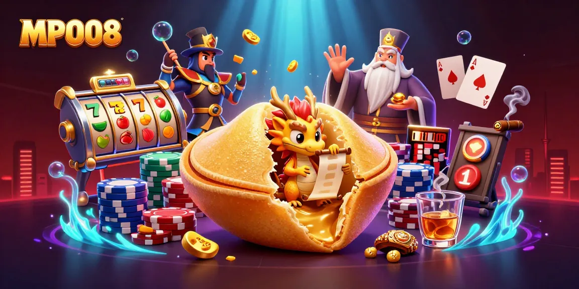 MPO08 entertains with dynamic slot reels, a golden fortune cookie, and characters in an exciting 3D casino scene