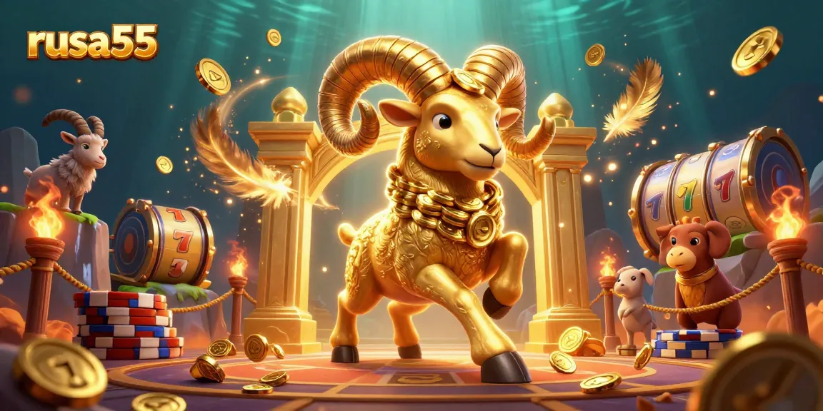 Experience the thrill of winning at rusa55, where the golden ram charges into a dynamic casino scene filled with slot elements.