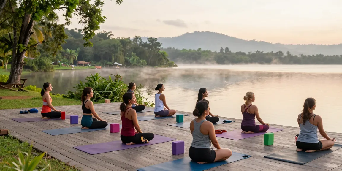 Yoga teacher training Sri Lanka outdoor session at Koggala Lake with students practicing poses.