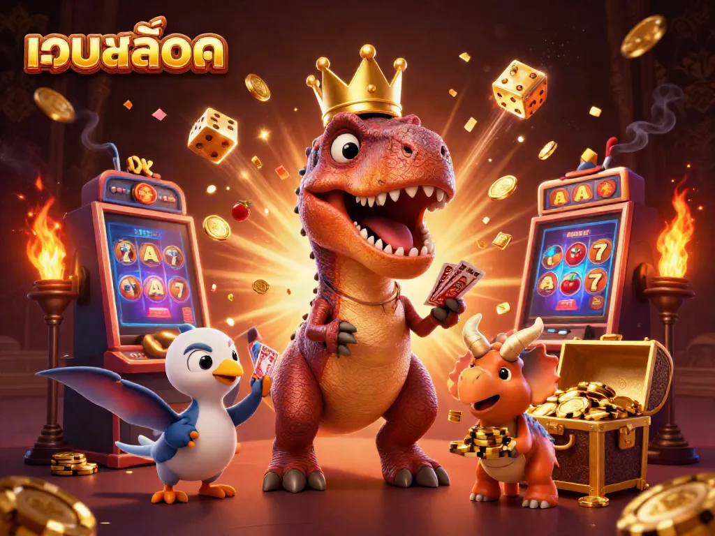 Experience the excitement of เว็บสล็อตแท้ with a playful T-Rex and friends surrounded by casino treasures.