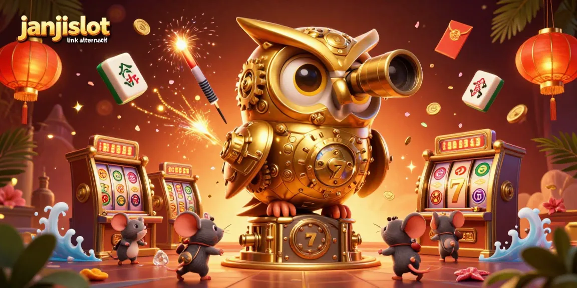 Engage with the janjislot link alternatif as vibrant cartoon owls and slot machines create an exciting casino scene.