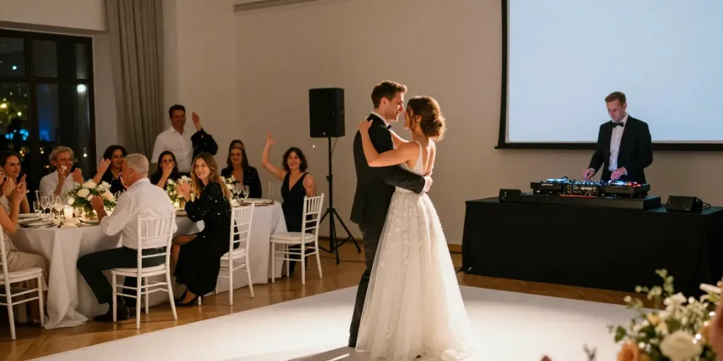 Hochzeit DJ Berlin Brandenburg sorgt für unvergessliche Feier mit tanzenden Gästen und eleganter Dekoration.
