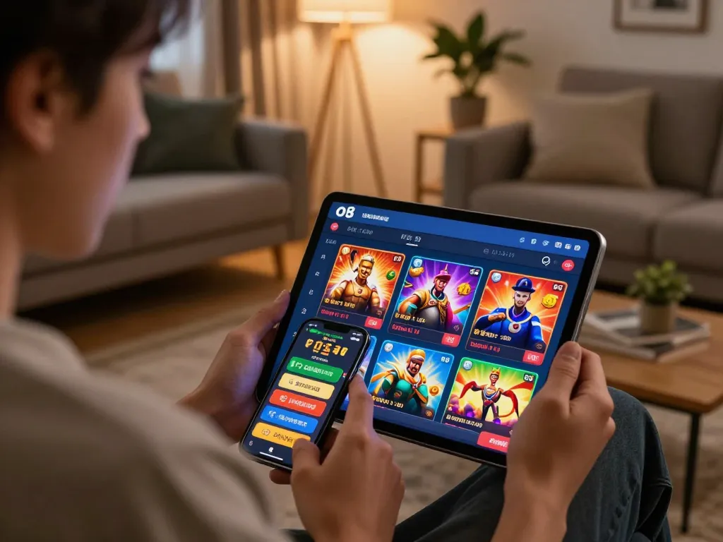 Engaging moment of using the o8 app for online casino gaming on a tablet, showcasing a warm and inviting home setting.