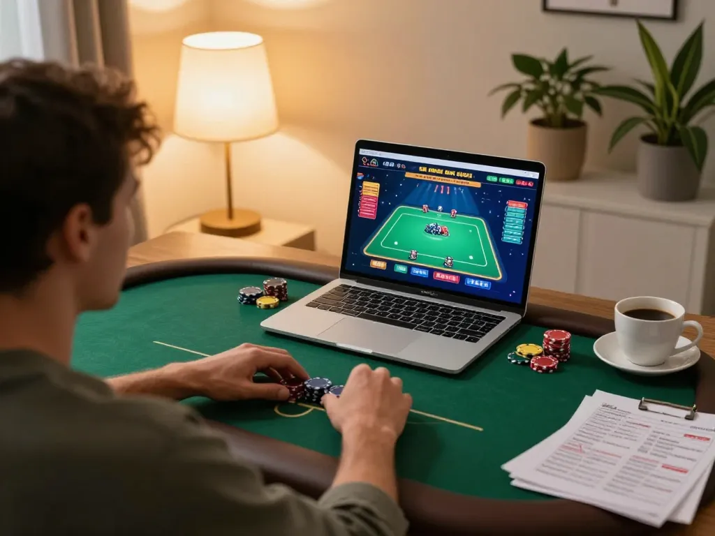 Player engaged in nk88 bet online poker, showcasing gaming strategy at home with laptop and notes.