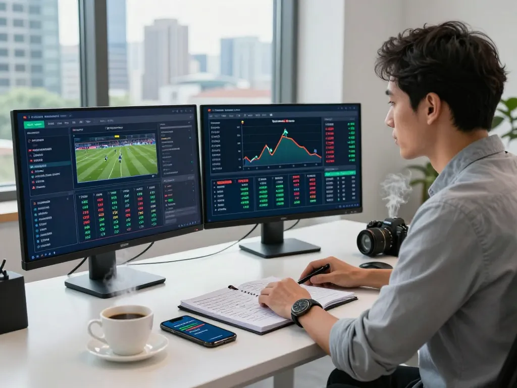 Focused man analyzing live kèo nhà cái odds at a modern desk with multiple screens displaying sports betting trends.
