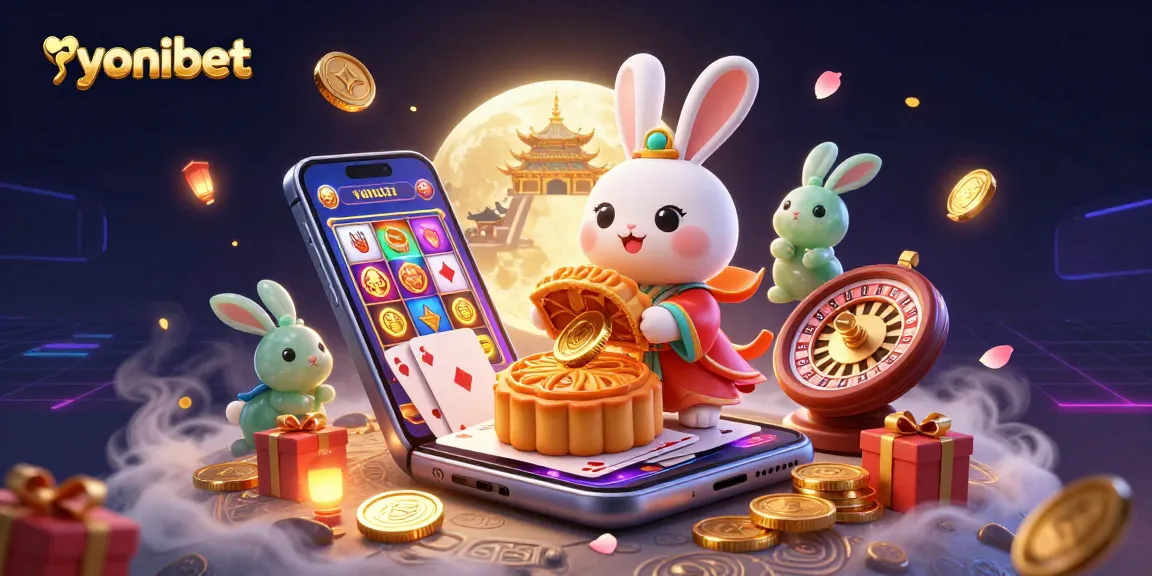 Experience the thrilling world of yonibet with an enchanting illustration featuring a moon rabbit and vibrant casino elements.