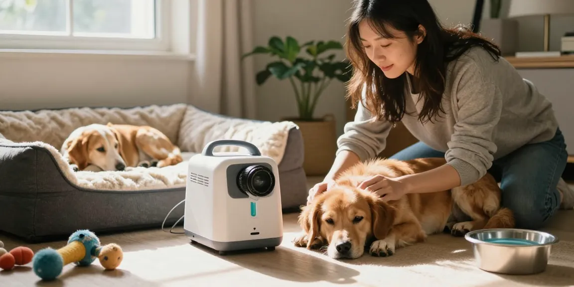 Pet owner using 寵物氧氣機 租用 in cozy home environment to care for a resting dog.