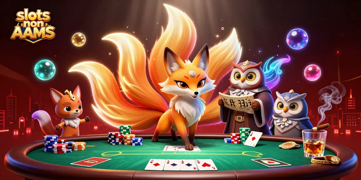 Giocando con le slots non AAMS, una volpe spiritosa e un gufo saggio circondati da tavoli e gettoni di poker.