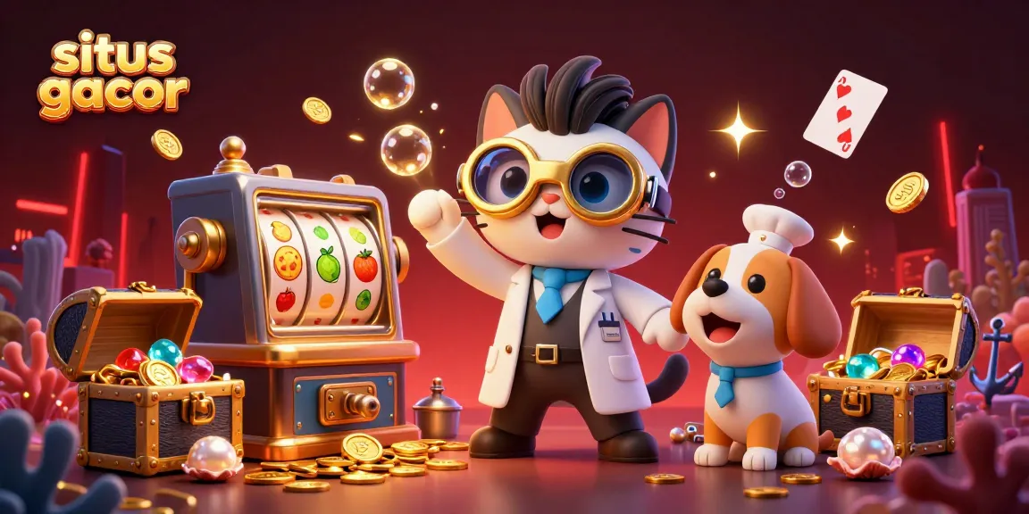 Situs gacor spinning reels celebration with a mad scientist cat and a loyal dog in a vibrant lab.