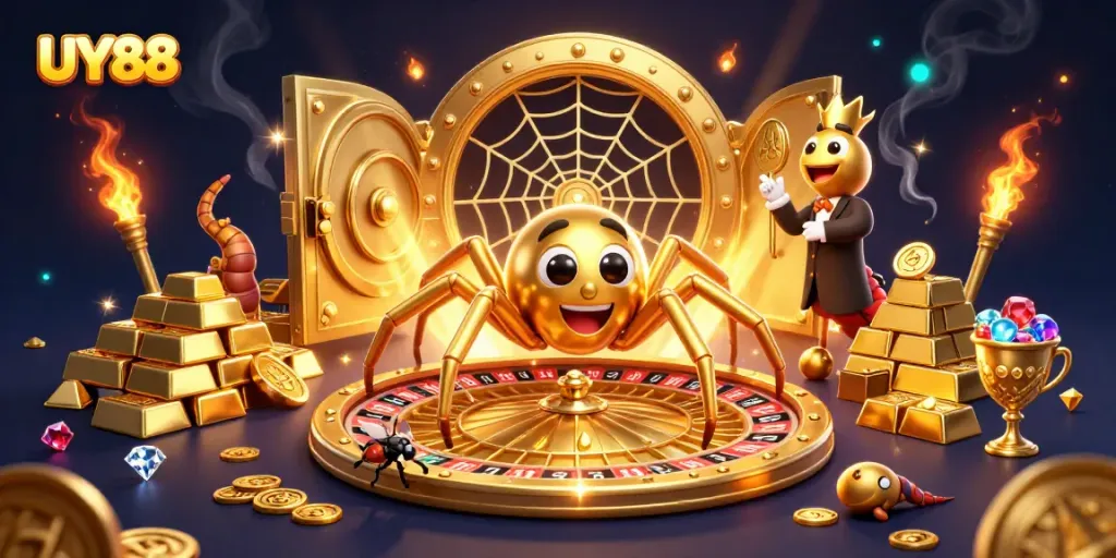 Experience UY88's thrilling roulette wheel with a golden spider croupier in a captivating 3D scene.