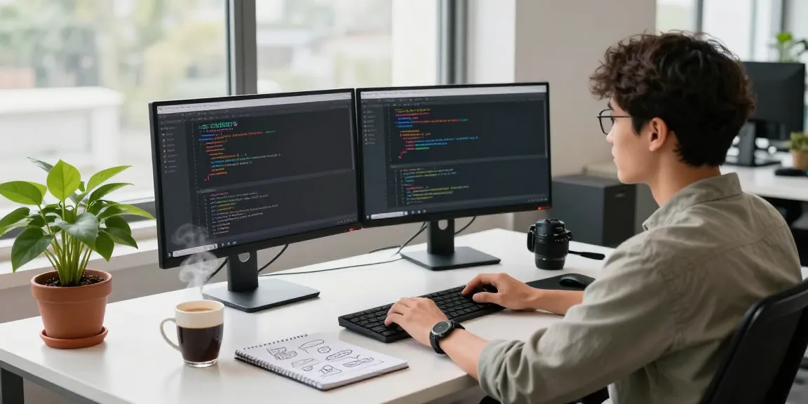 Developer working on the 纸飞机中文版 application in a modern workspace with multiple screens and a vibrant atmosphere.