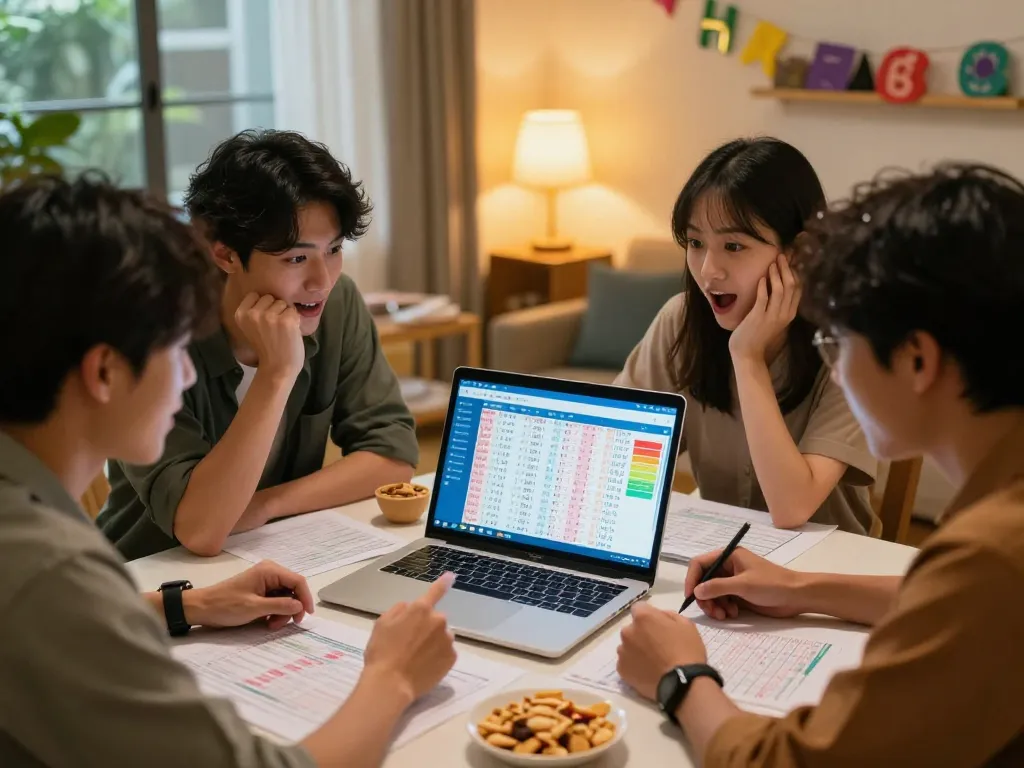 Friends analyzing HK Malam Ini lottery results together, sharing strategies and insights.