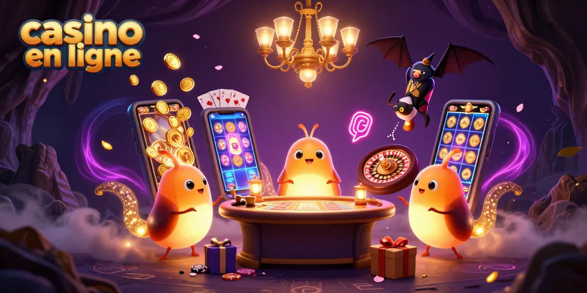 Jouez au casino en ligne dans un décor vibrant, avec des lumières scintillantes et des symboles de chance.