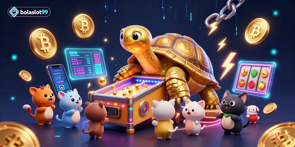 Experience the excitement of bolaslot99 with a stunning 3D scene of a golden tortoise pinball machine bursting with crypto elements.