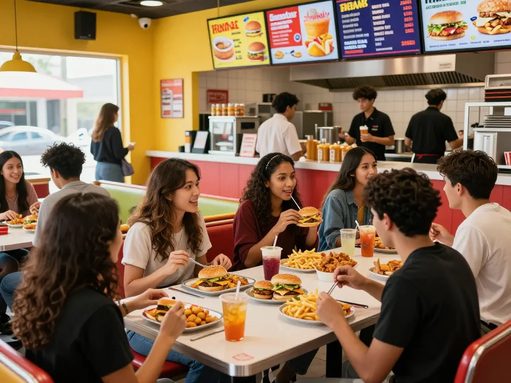 Friends enjoying their fast food menu items in a vibrant restaurant