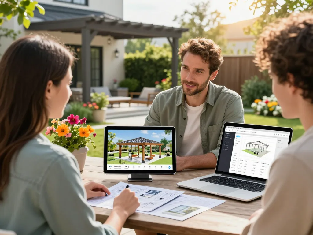 Engaging customer interactions with Pergola Sales Software in a beautiful outdoor setting.