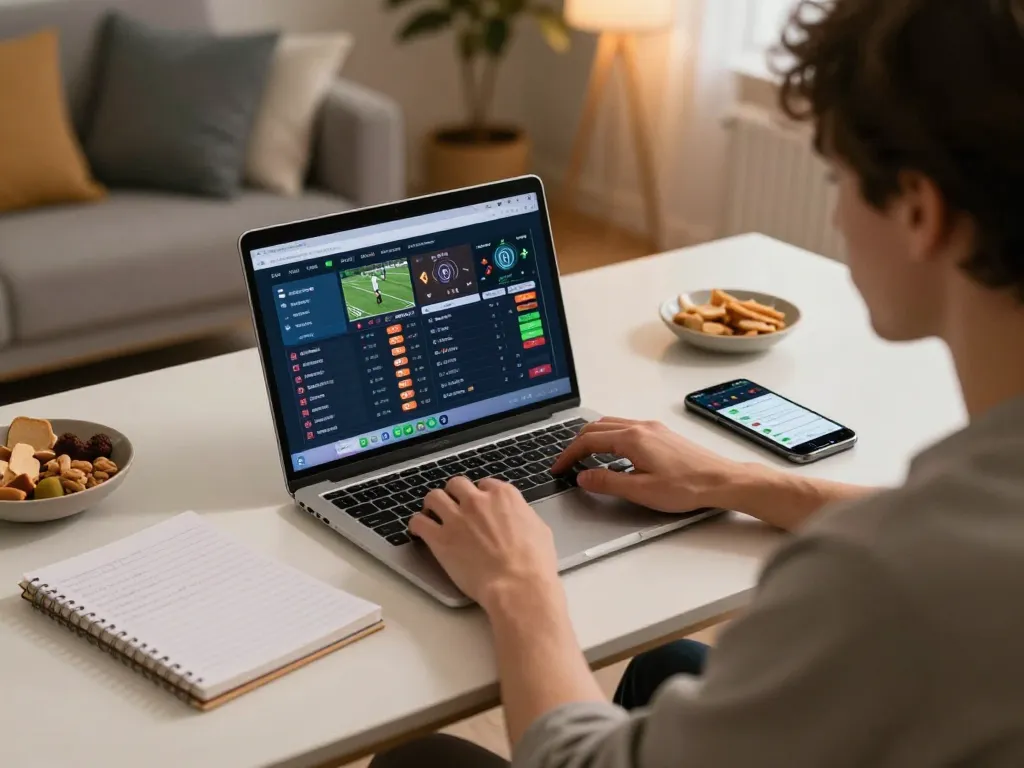 Engaging in sun win sports betting at home with live odds displayed on laptop and smartphone.