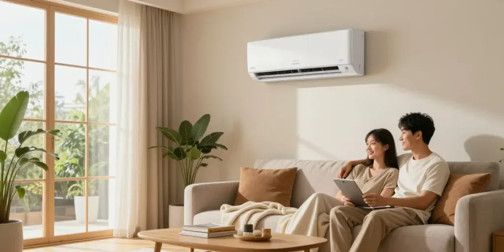 Cozy living room featuring a mini split 12000 BTU unit cooling a comfortable space with natural light and greenery.