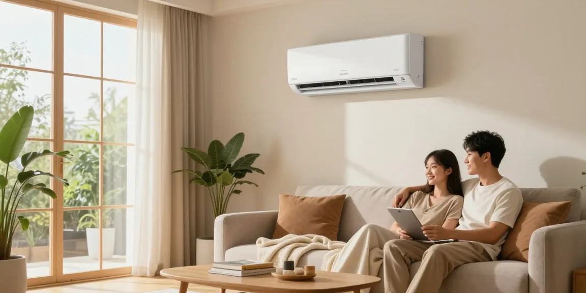 Cozy living room featuring a mini split 12000 BTU unit cooling a comfortable space with natural light and greenery.