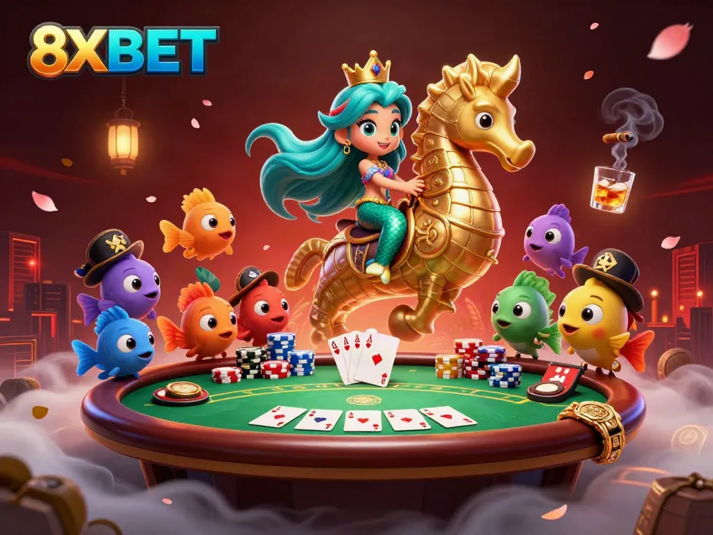 Experience the thrilling 8XBET adventure with a vibrant mermaid and poker scene.
