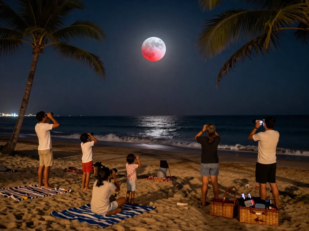Total lunar eclipse viewed by stargazers on a serene beach, capturing the blood moon and night sky.