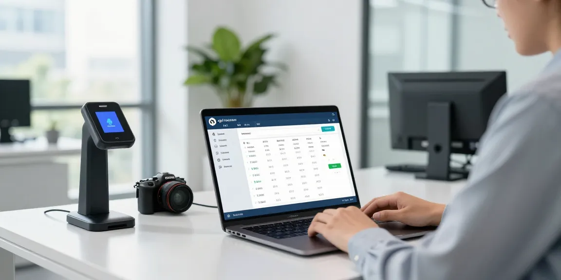 Security professional reviewing the age verification system dashboard while preparing biometric checks.