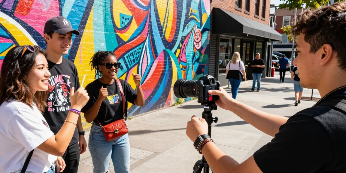 Content creator filming TikTok videos to get more TikTok followers in a vibrant urban setting.