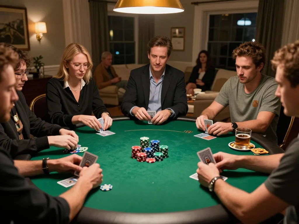 Players strategizing in a lively poker game, showcasing 789 action and camaraderie at home.